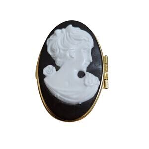 80s Vintage White on Black Cameo Double Compartment Mini Trinket Travel Pillbox